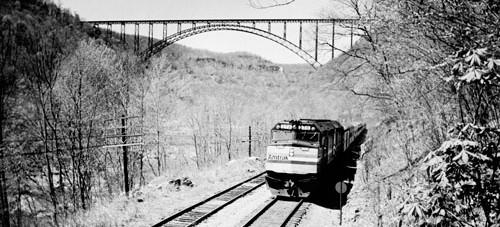 New River Gorge Bridge and Train in snow.
